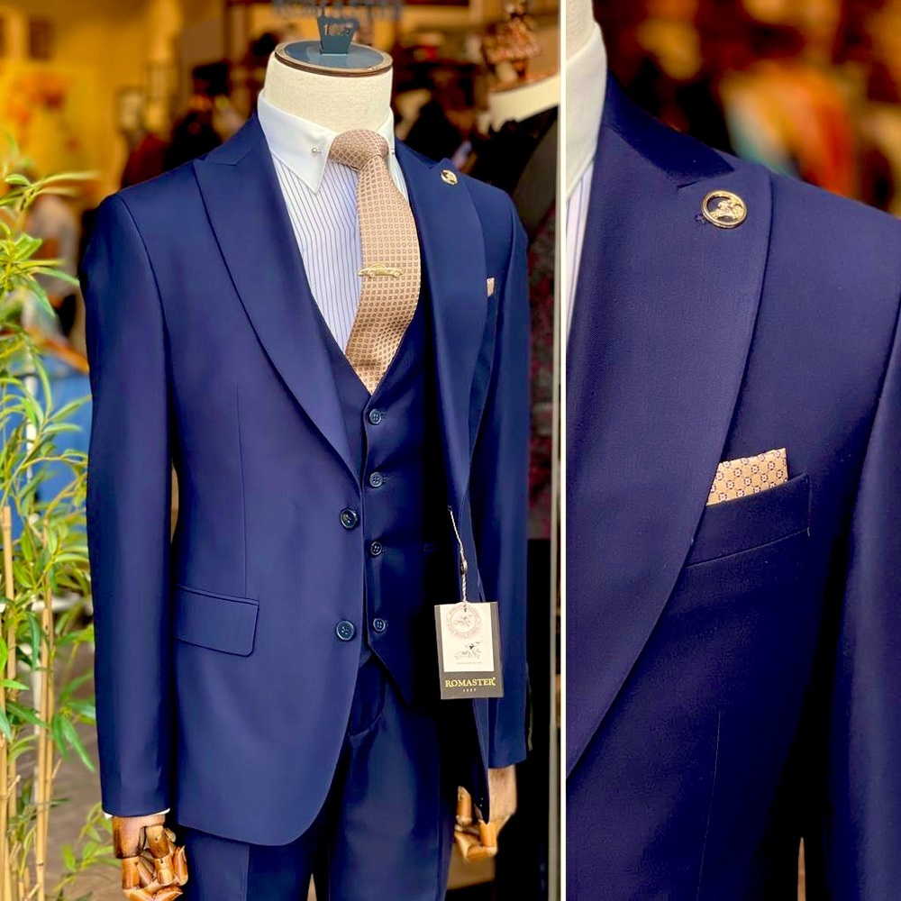 NWT MIDNIGHT BLUE MID WIDE LAPEL WOOL 3PC MODERN FIT SUIT